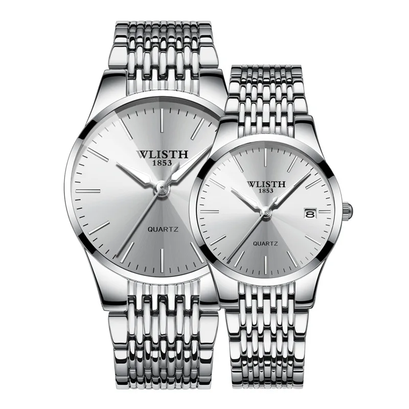 Лучший бренд, роскошные WLISTH часы для пары, модные часы для влюбленных из нержавеющей стали, кварцевые наручные часы для женщин и мужчин, аналоговые наручные часы - Цвет: Серебристый