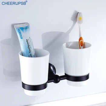 

Bathroom Double Cups Holder Wall Mounted Toothbrush Holders Chrome Bronze Black Support Washroom Retro Rack with Two Ceramic Cup