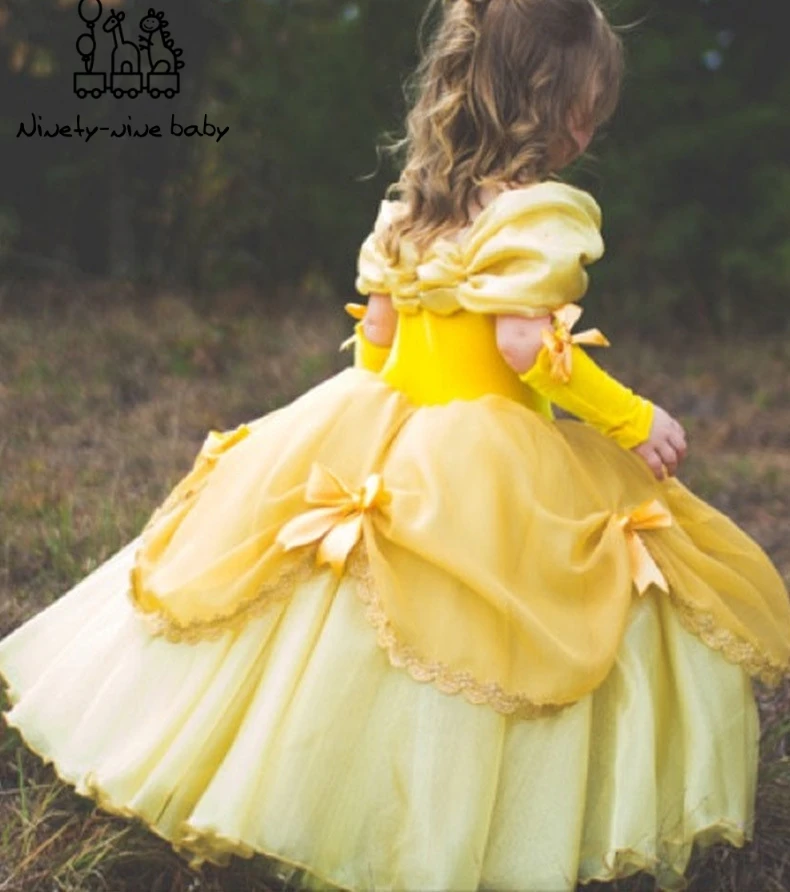New Girls Belle Princess Dress Cosplay Costume Birthday Party Clothes Children Halloween Long Gown Beauty and the Beast Costume