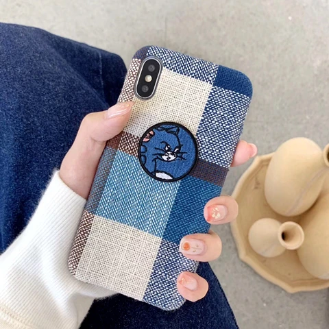 Ткань текстура кошка мышь мультфильм чехол для телефона для iphone 7 Чехол 6 8 plus XR XS MAX X осень теплая винтажная ткань решетчатый чехол - Цвет: blue