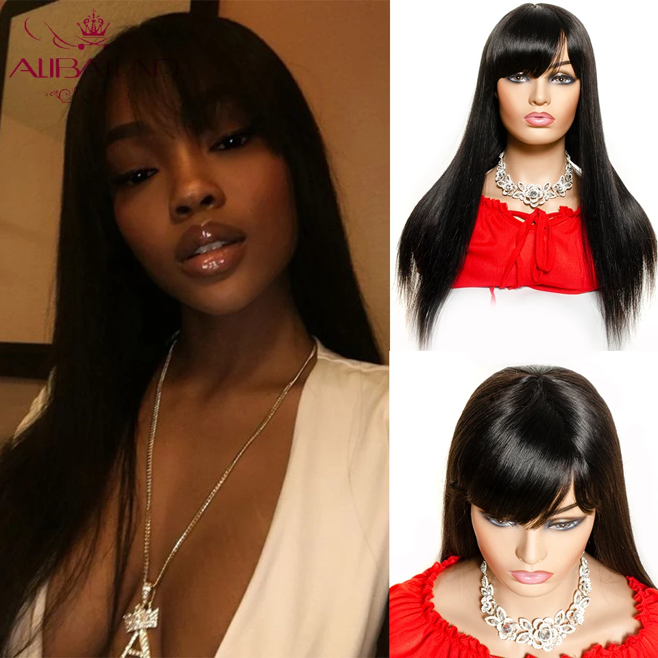 Aliballad Straight Human Hair Wigs With Bangs Brazilian Full Machine Made For Black Women 150% Remy Wig | Шиньоны и парики