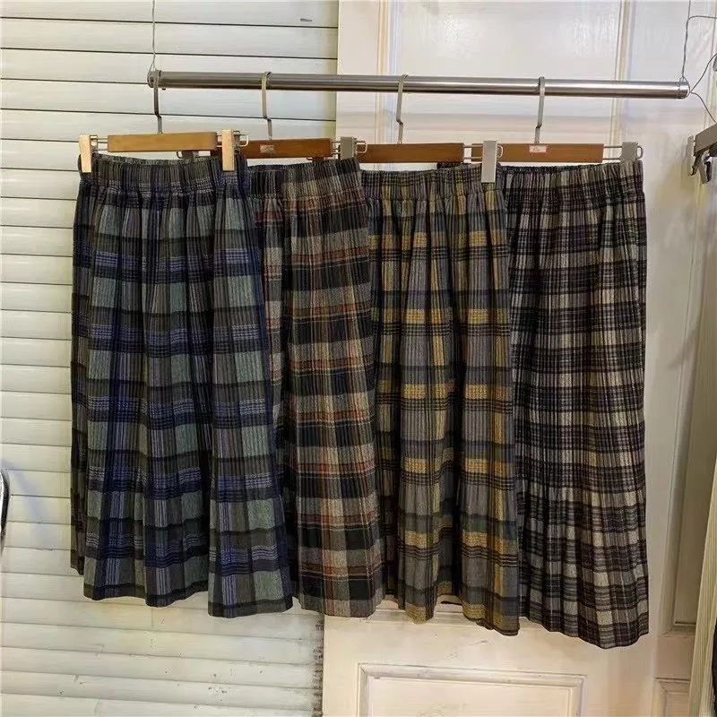 Плиссированные юбки в винтажном стиле с высокой талией, модная зимняя женская шерстяная клетчатая юбка, Повседневная Уличная юбка миди с эластичной резинкой на талии