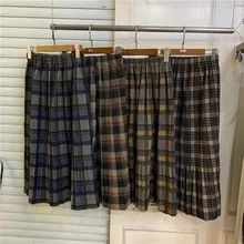 Плиссированные юбки в винтажном стиле с высокой талией, модная зимняя женская шерстяная клетчатая юбка, Повседневная Уличная юбка миди с эластичной резинкой на талии