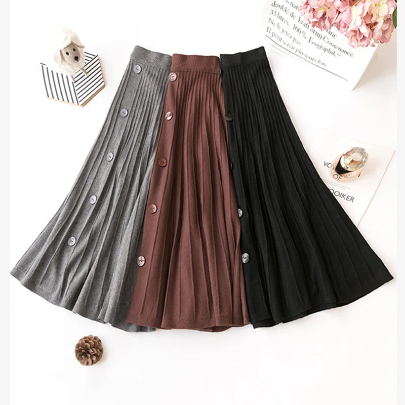 Women Skirt Core Yarn Large Swing Skirt Wool Long Skirt Single-Breasted Temperament Knit Skirt