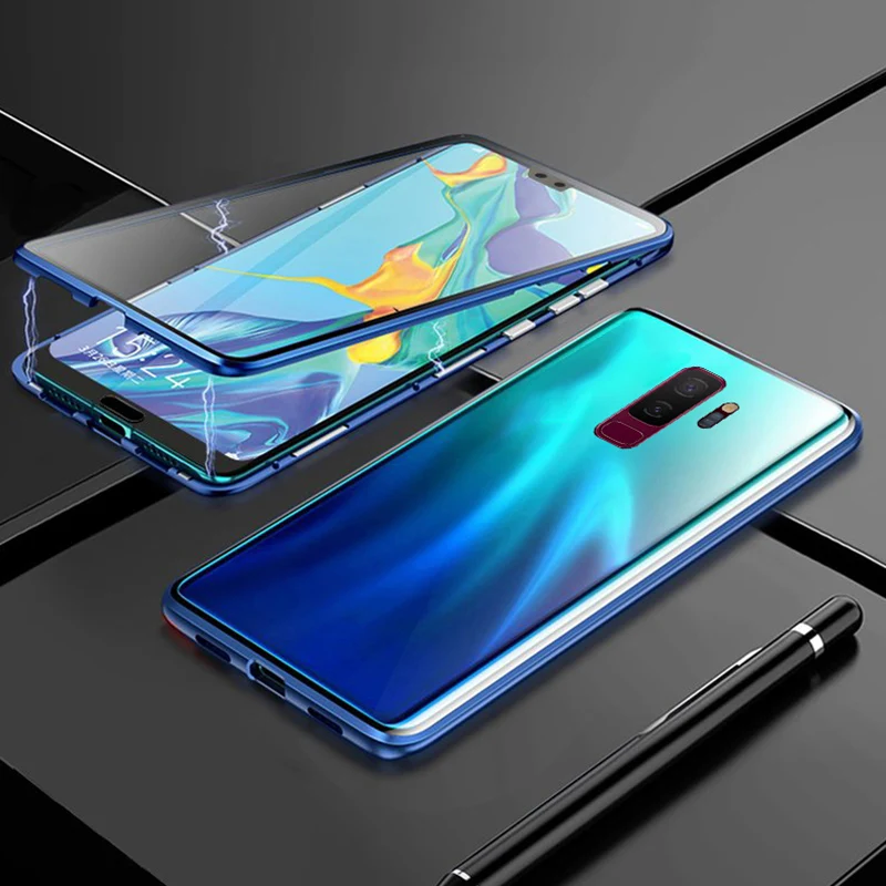 Blue Double Glass Магнитные поглощающие металлические флип-Чехлы для samsung Galaxy S9Plus двухсторонний закаленное стекло задняя крышка телефона для samsung S9 чехол - Цвет: Blue Double Glass