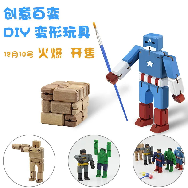 

Creative Wooden Deformation Robot Children DIY Toy Free Painting Wood Robot