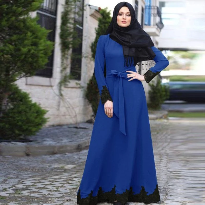 OTEN Moslemisches Abaya Frauen Kleid 2020 однотонное платье с поясом и кружевной каймой