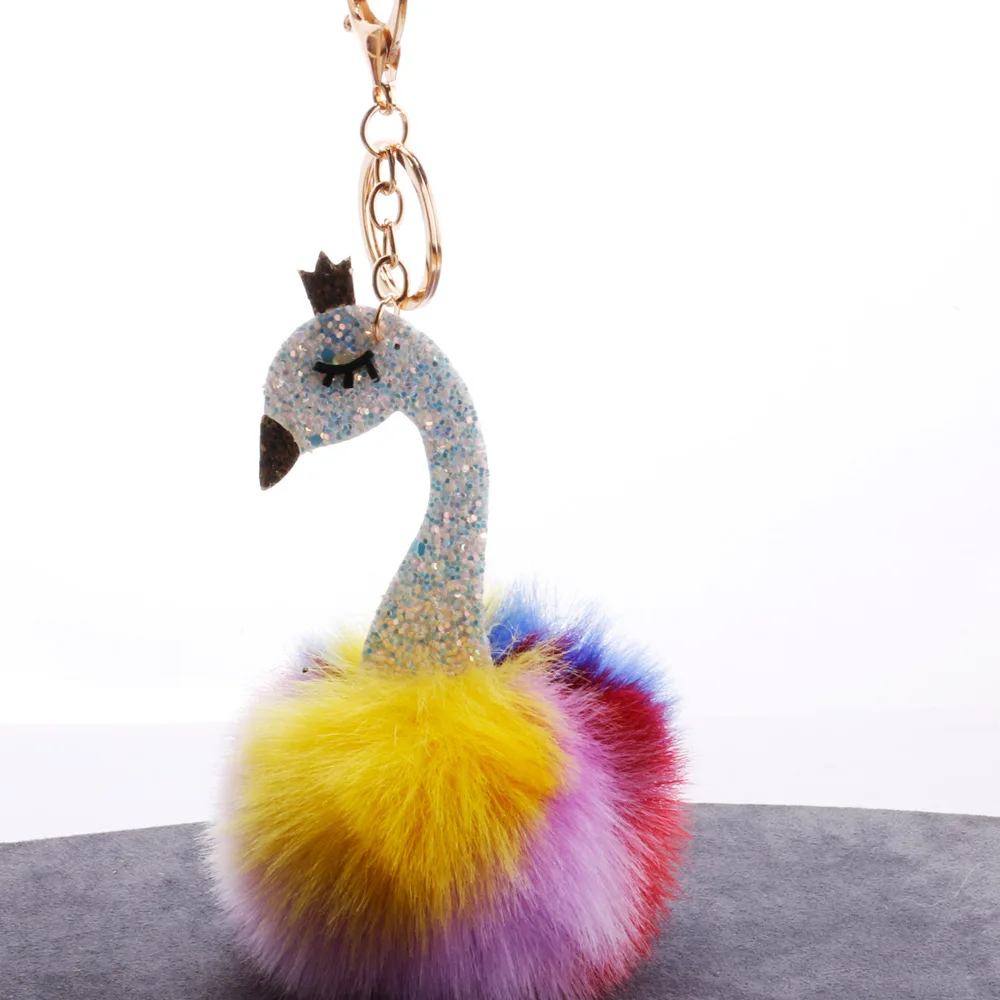 Cute Colorful Fluffy Pompom Flamingo Keychain Women Faux Rabbit Fur