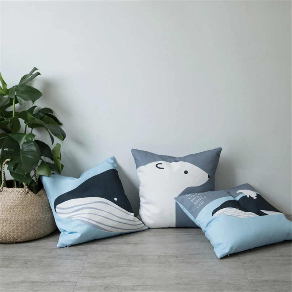 

Cute Whale Polar Bear Sky Blue Cushion Cover Cotton Canvas Decorative Pillows For Sofa Pillow Case 45*45 Home Decor Nordic Cover