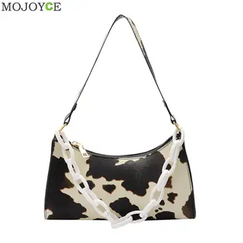

Popular Simple Female Daily Bag Cow Pattern PU Leather Women Handbag Tote Acrylic Chain Underarm Shoulder Bag