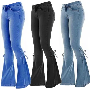 

Ladies Mid-Waist Belt Denim Stretch Micro Bell Bottom Jeans Casual Fashion Jeans TC21