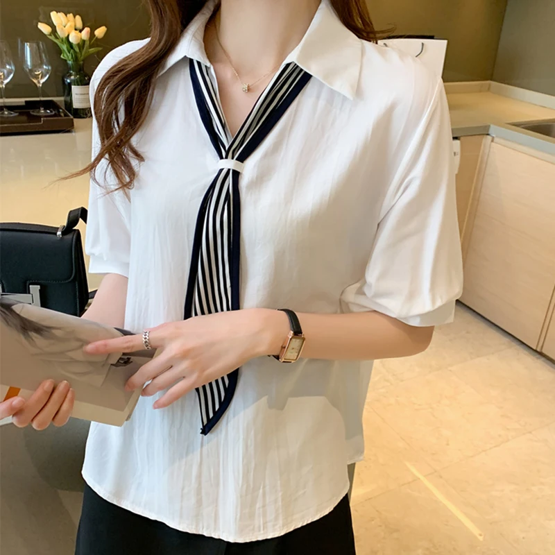 

Polka Dot Sashes Chiffon Women Blouses Office V-Neck Korean Fashion Shirt Woman Short Sleeve 2022 Summer Tops Chemisier Femme