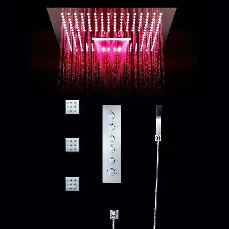 

Thermostatic Rainfall Shower Faucets Set Brass Shower Mixer Valves Misty 16 Inch Showerheads 304 SUS Polished Massage Showers