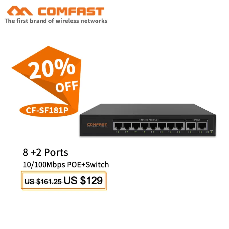 

News Comfast 120W 48V Network POE switch Ethernet with 8+2 10/100Mbps port stable and fast for IP camera/Wireless AP/ in-wall AP