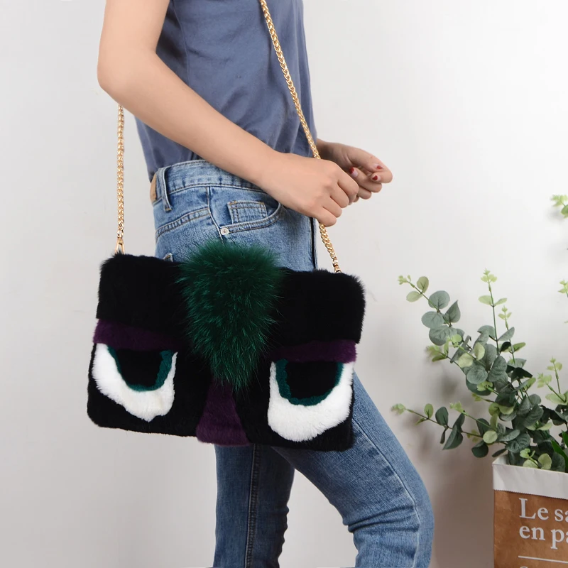 

New style Rex rabbit fur small monster design fur bag real fur chain shoulder portable handbag