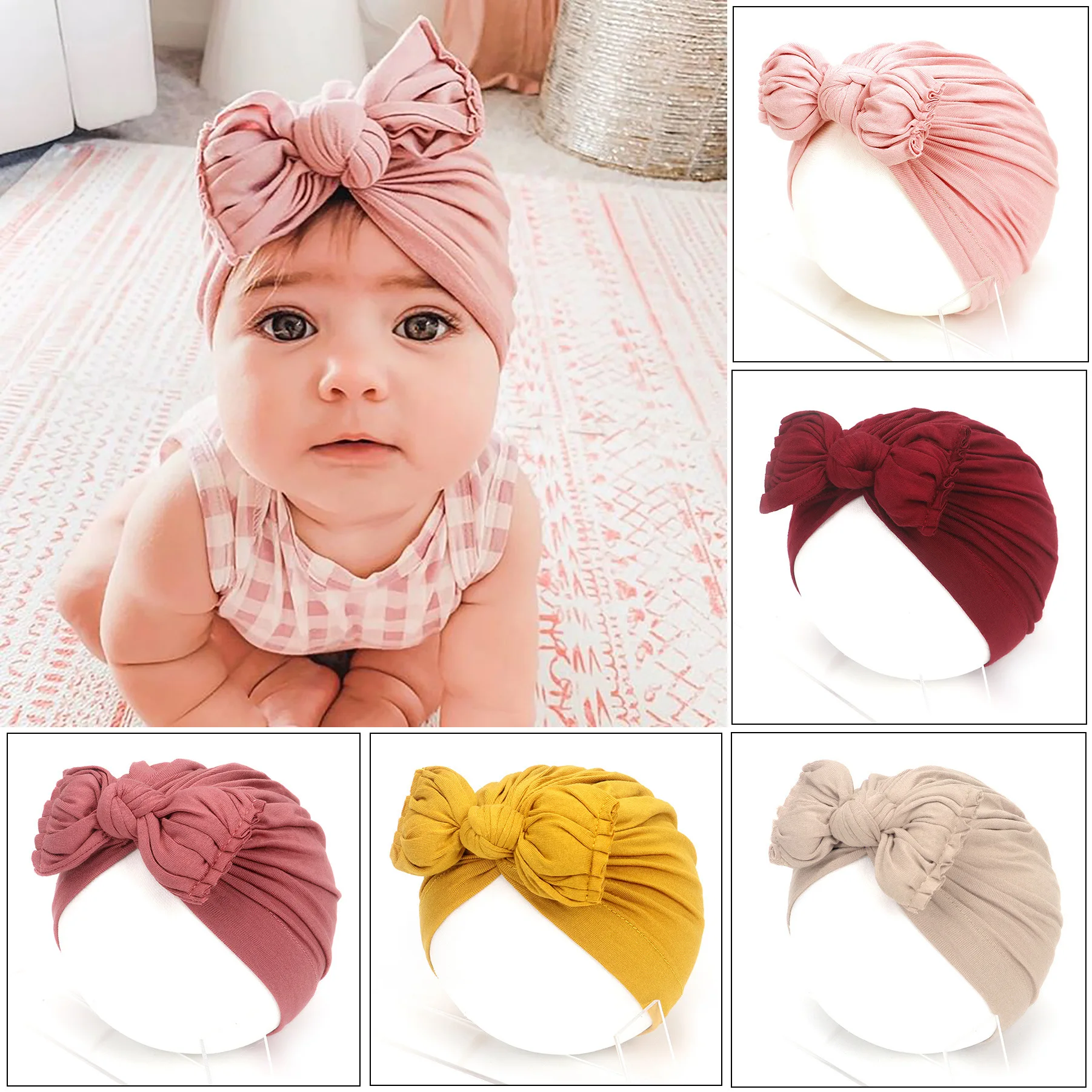 Baby Headband Hat Bowknot Print Turban Headband Toddler Kids Baby Boys Girls Solid Bow Knotted Hat Beanie Headwear Accessories