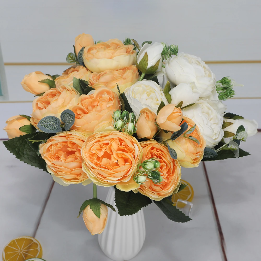 

Artificial Rose 2pcs/lot Silk Peony Flowers For Wedding Decor Fake Flowers Bouquet 5 Flower Head And 4 Bud Artificial Flowers