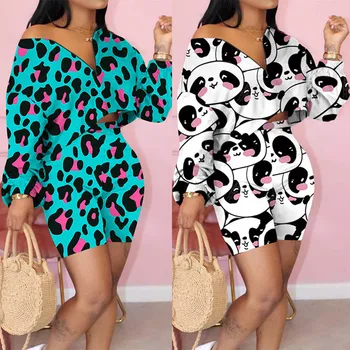 

Cartoon Colorful Print Women Loose T-shirt And Shorts Suit Autumn Sexy Two Piece Set Sleepwear Funny Outfit Tops Shorts Sets