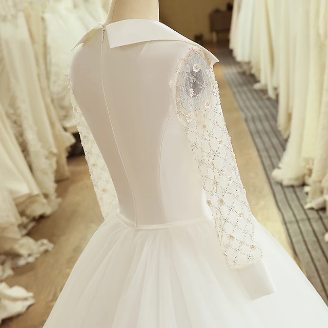 SL-5055 Satin Wedding Dresses 2020 New Long Sleeve Beads Muslim Wedding Gowns Bridal Dress 5