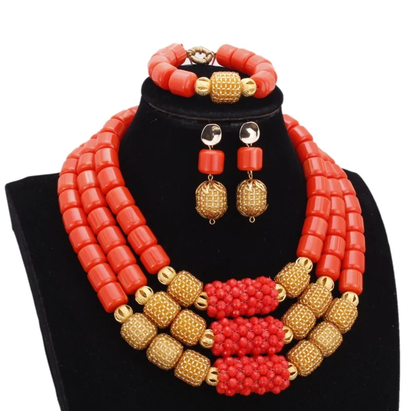 Dudo Store African Jewelry Set New Designs 3 Layers Artificial Coral Beads Jewellery Set 2019 With Gold Beaded Balls 3 Pieces