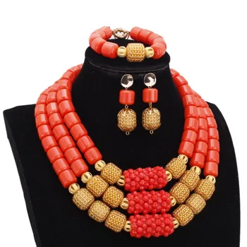 Dudo Store African Jewelry Set New Designs 3 Layers Artificial Coral Beads Jewellery Set 2019 With Gold Beaded Balls 3 Pieces