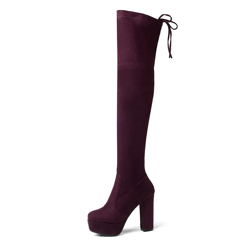 QUTAA Lace Up Elegant Winter Women Shoes Winter Square High Heel Round Toe Sexy Platform Over The Knee High Boots Size34-43 - Цвет: Бордовый