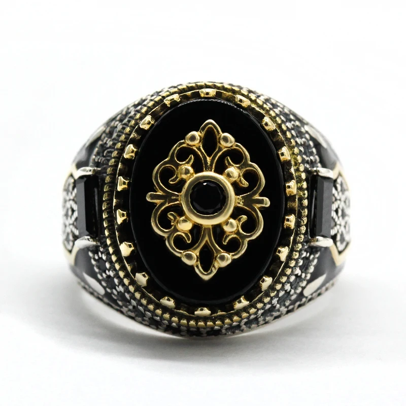 Men's Rings Black Natural Onyx Stone 925 Sterling Silver Vintage Gold Crown  CZ Enamel Rings Women's Handmade Gemstone Jewelry - AliExpress Jewelry & ...