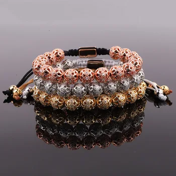 New Design Luxury Men Bracelet Jewelry Gold Plated CZ Pave Ball Charm Beaded Macrame Adjustable Bracelet