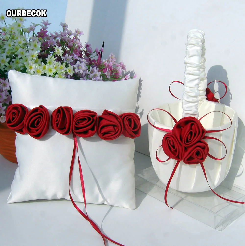 4Pcs/set Red/pink Rose Decor Wedding Satin Ring Pillow &Flower Basket&Guest Book&Pen Set for Bridal Decoration Product Supplies