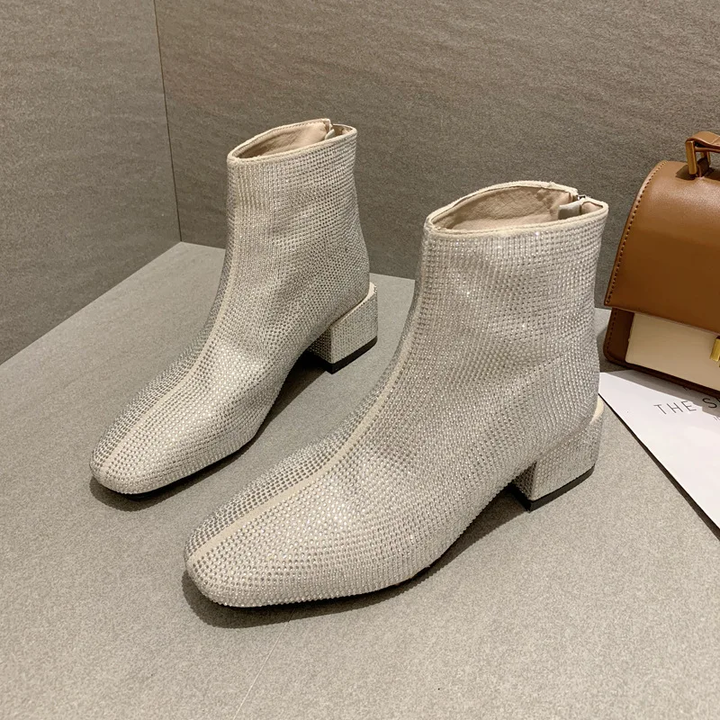 

2020 Sequined cloth short ankle boots women silver chunky heels slip on square toe glitter