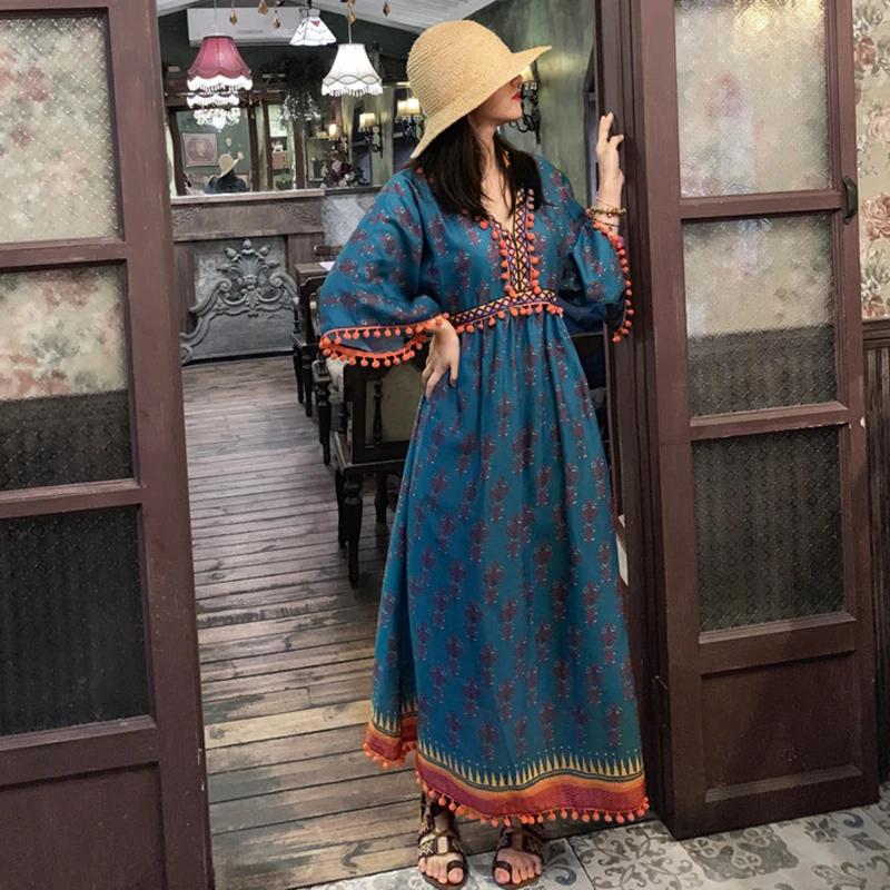 

Women Retro Print Boho Embroidery Green Dress Fairy Elegant Casual Vacation Red Long Beach Dress Vintage Ethnic Runway Vestido