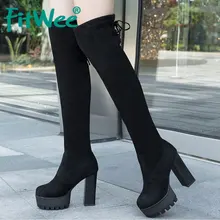 FITWEE/Сапоги выше колена; женские облегающие высокие сапоги; обувь на платформе и высоком каблуке со шнуровкой; зимняя теплая женская обувь; Размеры 35-39