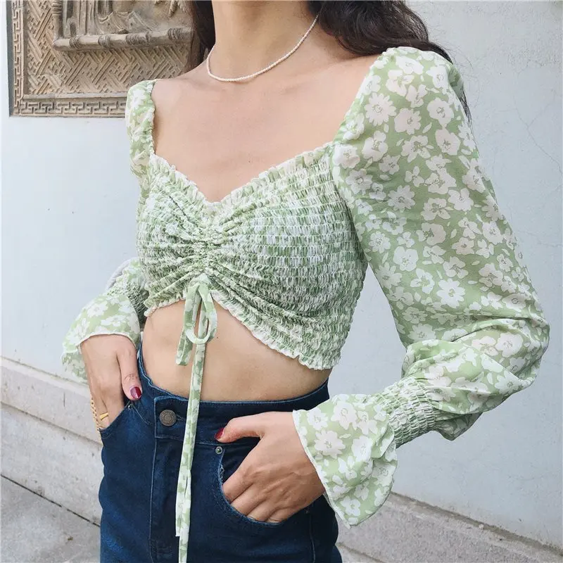 

Vintage Chiffon Blouse Square Collar Women Sexy Shirt Outfit Casual Long Sleeve Floral Print Tops Pleated Slim