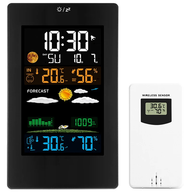 

Wall Clock Color Weather Station LCD Digital Alarm Temperature Humidity Comfort Display Table Sensor Modern Design