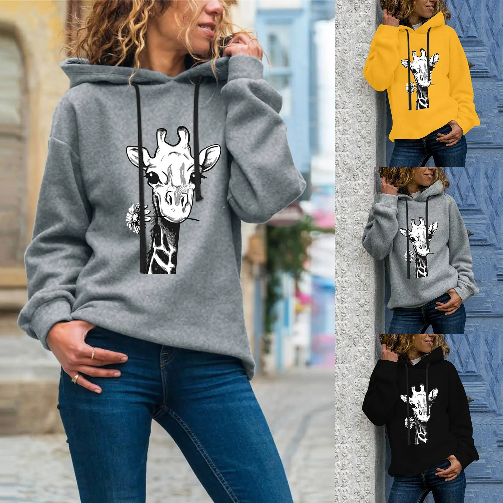 2021 신사복 캐주얼 블라우스 풀 슬리브 기린 프린트 스웨트 탑스 후드 풀오버 Comfy Daily Warm Blouse 무료 배송