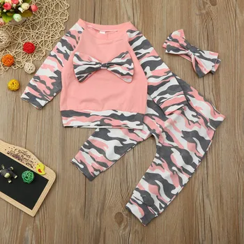 

Newborn Baby Girl Clothes Boys Camouflage Bow Long Sleeve Tops Pants Headbands Outfits Autumn Set Toddler Girl Clothes 6M-24M