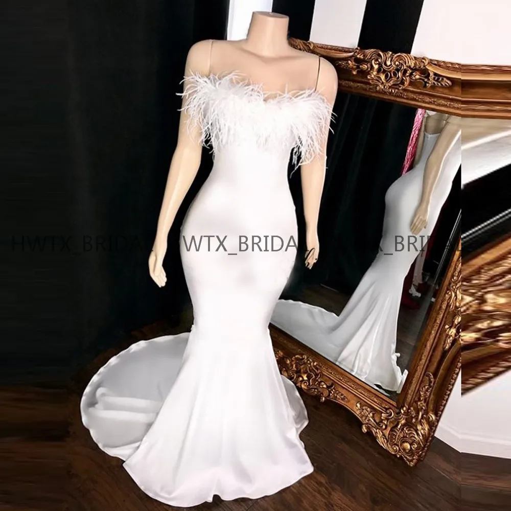 

White Feather Evening Dress 2020 Vestidos de fiesta de noche Strapless Sexy Mermaid Satin African Long Formal Party Evening Gown