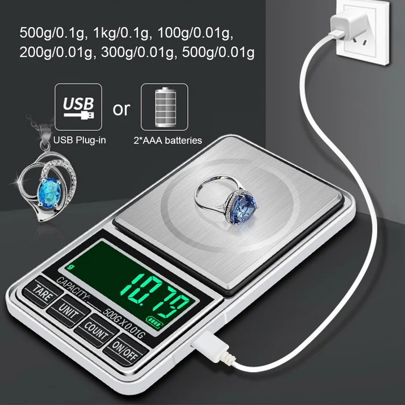 

Mini Jewelry Scale USB Charging Pocket Digital Scales 100g/200g/300g/500g 0.01g Precision Electronic Balance LCD Weight Scale