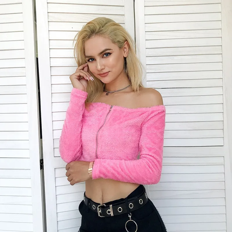 Women Winter Warm Fluffy Front Zipper Sweater Clubwear Jumper Long Sleeve Slash Neck Off Shoulder Sexy Sweater Crop Tops Outwear
