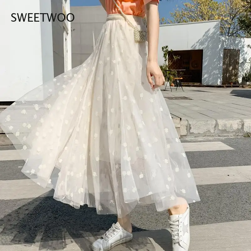 

Женская кружевная юбка средней длины, Элегантная универсальная сетчатая юбка из тюля с высокой талией, лето 2021