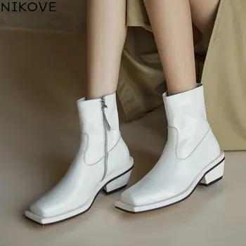 

NIKOVE 2021 Autumn Winter Square Toe Ankle Boots Square Heel Fashion Women Shoes Quality Cow Leather Zipper Short Boot Size34-39