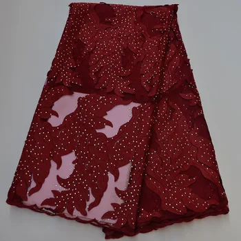 

Latest Wine Red African Swiss Voile Lace Material 3D Embroidered Nigerian 2020 High Quality Rhinestone French Mesh Lace Fabric
