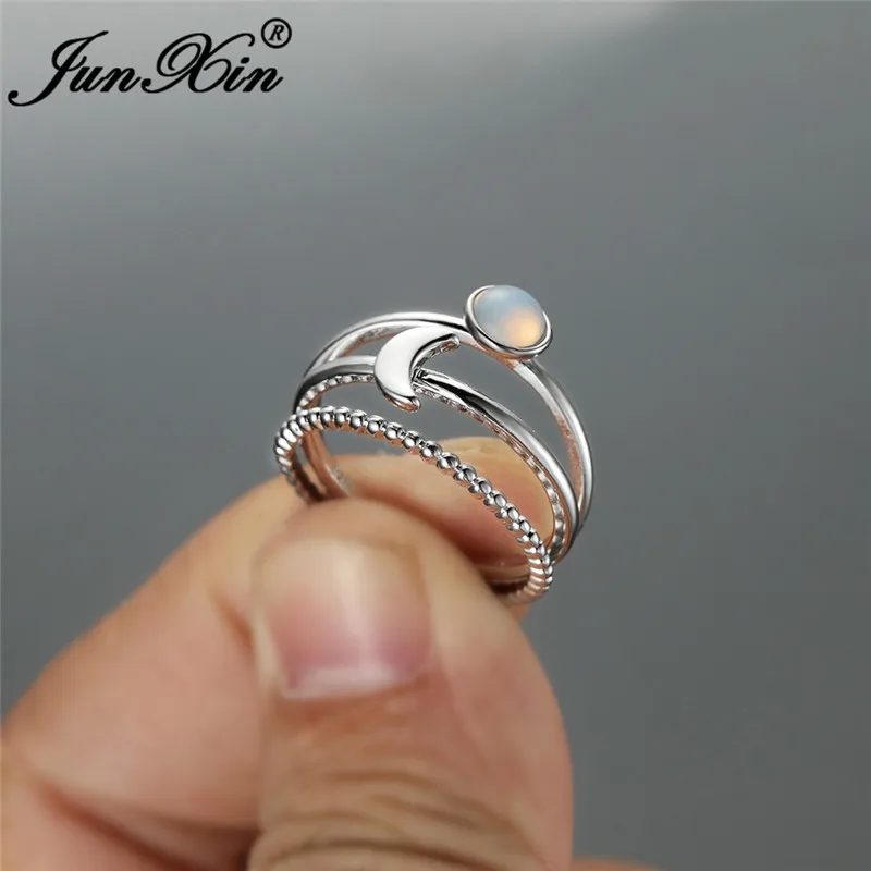 Boho Female 3pcs Stacking Moon Ring Set White Gold Clear Lab Moonstone Rings For Women