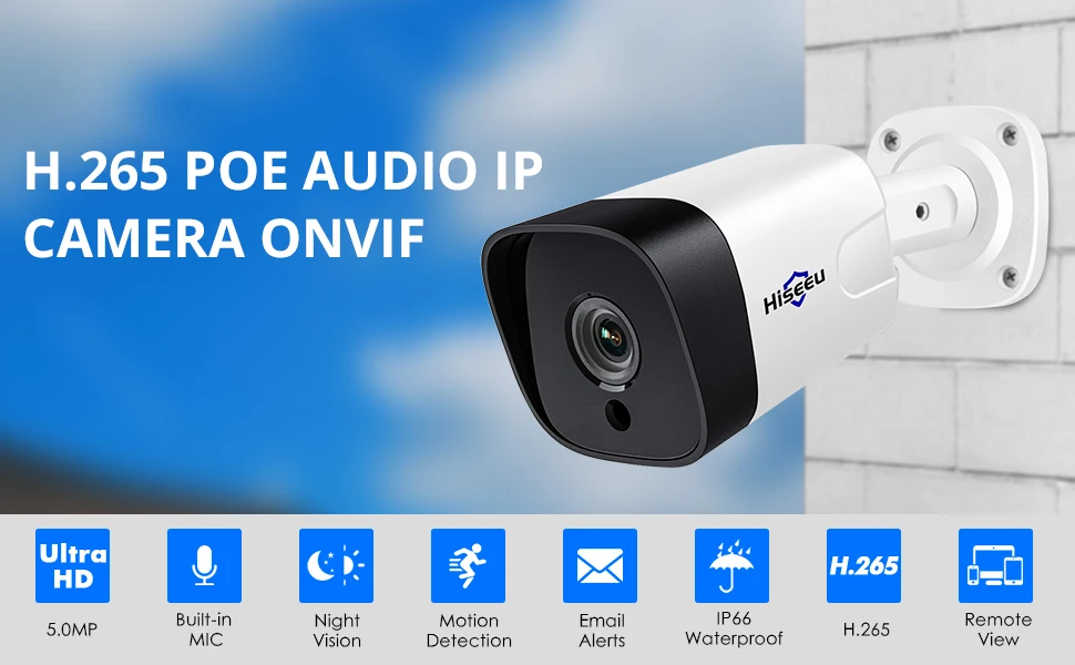 Hiseeu 5MP POE ip-камера наружная Водонепроницаемая H.265 CCTV пуля камера ночного видения P2P Обнаружение движения ONVIF для PoE NVR 48 В