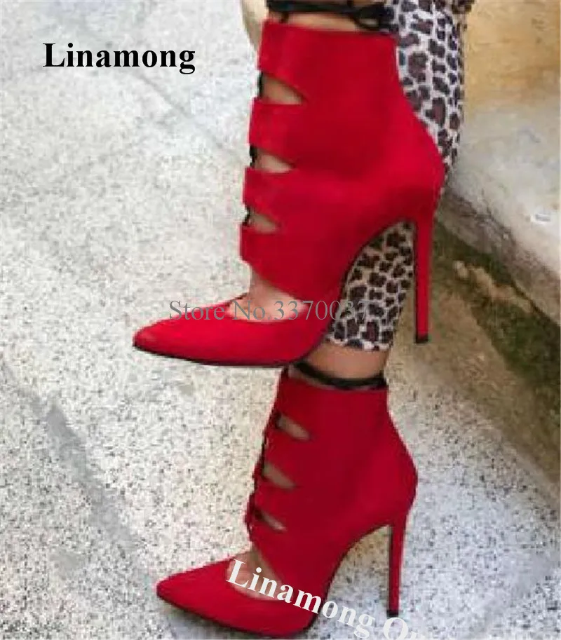 

Linamong Newest Pointed Toe Cut-out Stiletto Heel Short Gladiator Boots Red Black Leopard Suede Lace-up Ankle Booties Big Size