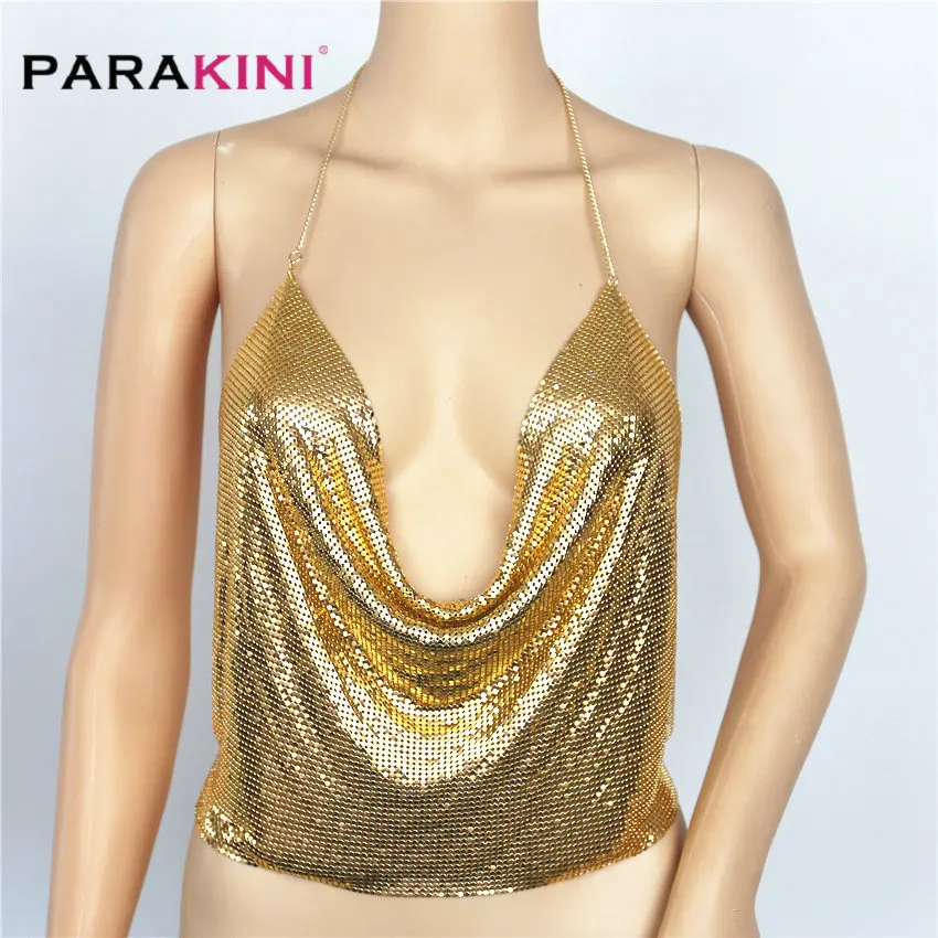 PARAKINI/, женский укороченный бикини с открытой спиной и пайетками, топы с бретельками, Майки-ками, летний Укороченный бюстгальтер, укороченный топ на бретельках, вечерние купальные костюмы