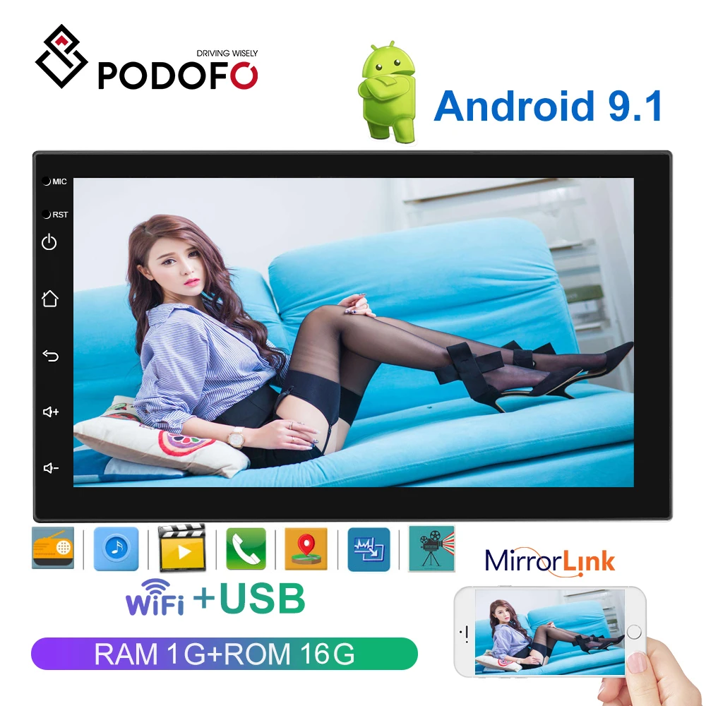 Podofo Auto Radio Android 9.1 2din Auto Multimedia MP5 Player GPS Navi 3G WIFI Autoradio 7 ''Touch