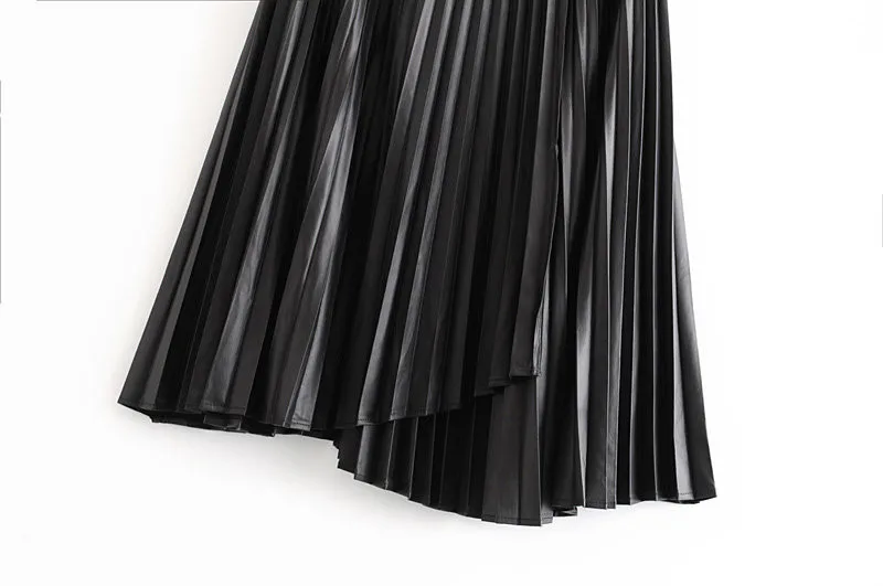 Black Faux Leather Pleated Skirt Streetwear Asymmetrical Midi Shirt With Belt Autumn Winter Vintage Elegant Office Skirt