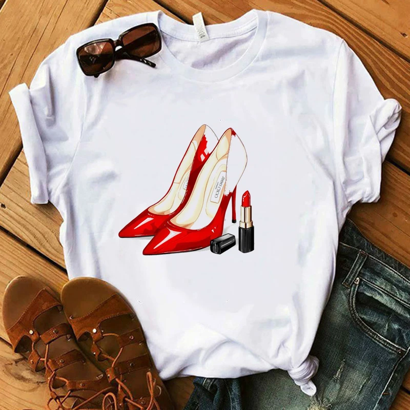 

Red High Heel T Shirt Lady Luxury Make Up Paris Style T-Shirt Women Summer Short Tops Girl Hipster T-shirts