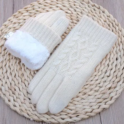 Высококачественные осенние зимние женские вязаные перчатки, перчатки с сенсорным экраном, бархатные толстые теплые шерстяные кашемировые однотонные перчатки, Женские варежки - Цвет: B32  white